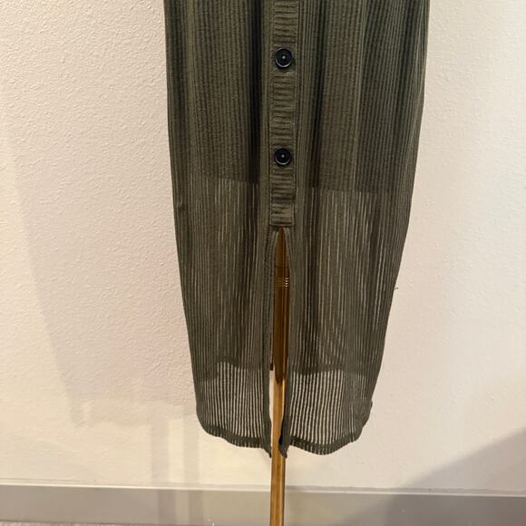 Express V Neck Olive Green Ribbed Midi Dress 3/4 Sheer Sleeves Large Fall Chic - Picture 4 of 6